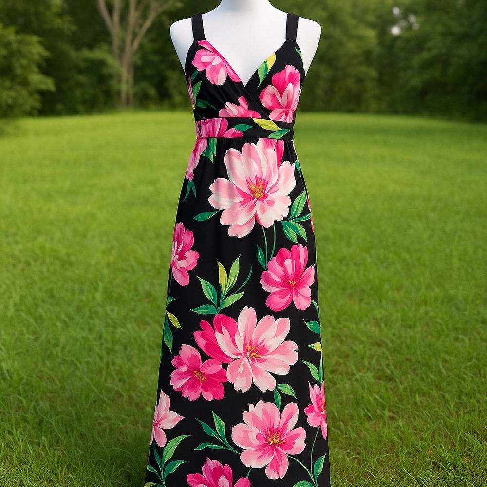 Ann Taylor Black and Pink Floral Maxi Dress